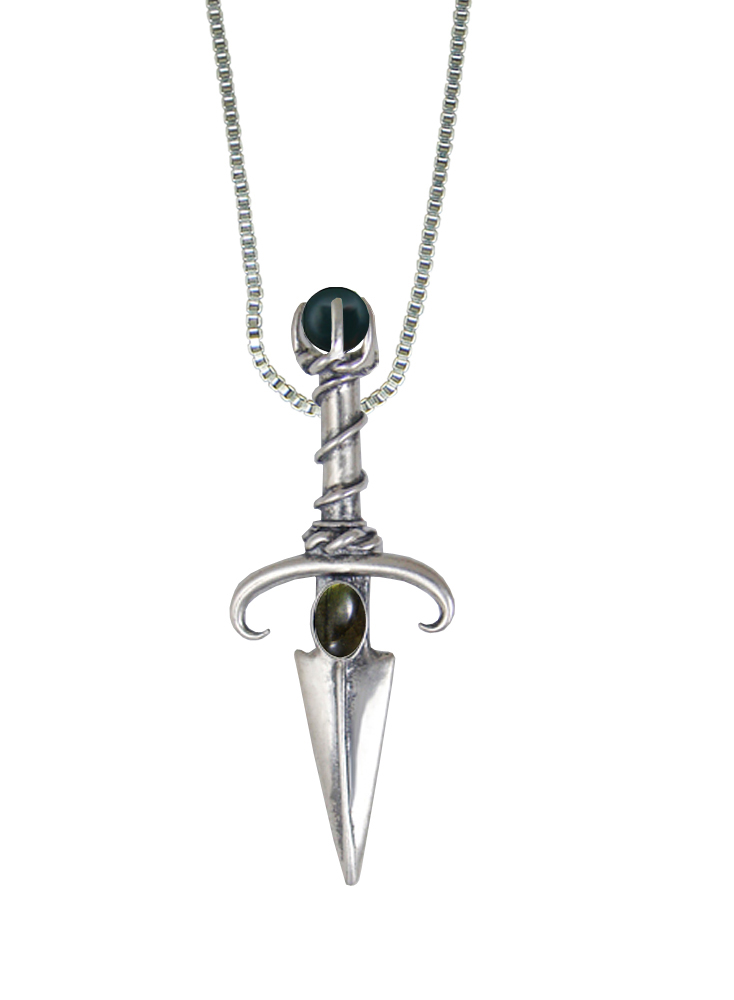 Sterling Silver Black Prince's Knife Dagger Pendant With Spectrolite And Bloodstone